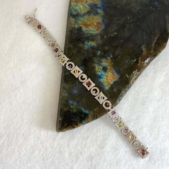 Ross-Simons Sterling Silver 925 Multi Gemstone Geometric Link Tennis Bracelet - Picture 4 of 16